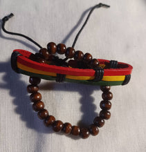 Load image into Gallery viewer, Mens red yellow green Leather and wood bead  Layering Bracelet set new

