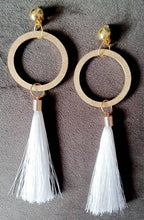 Load image into Gallery viewer, Handmade long wood and Tassel  Clip On Dangle Earrings 5 in
