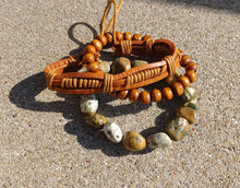 Load image into Gallery viewer, Mens handmade Natural Jasper Wood and Leather Bead Bracelet Set of 3 New
