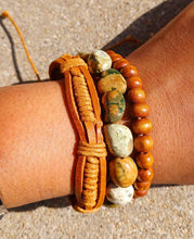 Load image into Gallery viewer, Mens handmade Natural Jasper Wood and Leather Bead Bracelet Set of 3 New
