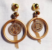 Load image into Gallery viewer, Handmade Acrylic and rhinestone Clock and chain Hoop Clip On Earrings
