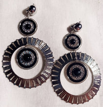 Load image into Gallery viewer, Hammered Metal hoop and rhinestone Clip On Earrings Silver
