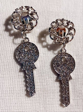 Load image into Gallery viewer, Small Handmade Silver Metal and Shiny Rhinestone Key Clip On Earrings
