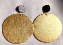 Load image into Gallery viewer, Handmade extra large Abstract Pop Art wood Statement Clip on  Earrings black and gold
