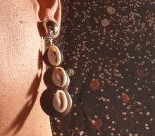Load image into Gallery viewer, Small Handmade Wood and Cowrie Shell Clip On Earrings
