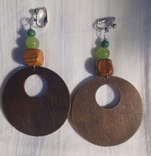 Load image into Gallery viewer, Handmade light Wood and genuine jade stone Hoop Clip On Earrings
