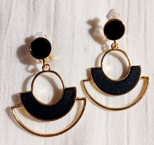 Load image into Gallery viewer, Minimalist Natural Wood and gold metal  Clip On Dangle Earrings black
