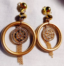 Load image into Gallery viewer, Handmade Acrylic and rhinestone Clock and chain Hoop Clip On Earrings
