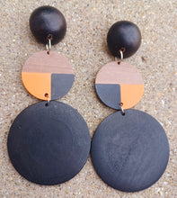 Load image into Gallery viewer, Handmade abstract Tri Color Wood Clip On Dangle Earrings
