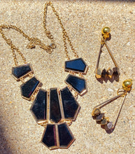 Load image into Gallery viewer, Black and Gold Acrylic Bib Necklace with Clip On Earrings
