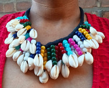 Load image into Gallery viewer, Vintage Cowrie Shell Bib Necklace &amp; Clip On Earrings Set, Handmade Kenya
