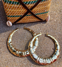 Load image into Gallery viewer, Rare Large Fulani Basket bamboo Gold Metal Hoop Earrings 4 inch
