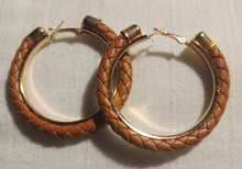 Load image into Gallery viewer, Braided faux leather hoop Earrings pierced ears brown
