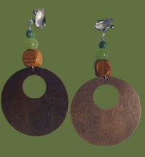Load image into Gallery viewer, Handmade light Wood and genuine jade stone Hoop Clip On Earrings
