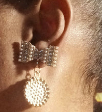 Load image into Gallery viewer, Handmade Clip On Blingy Bow Dangle Earrings

