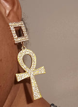 Load image into Gallery viewer, Handmade Rhinestone Ankh Dangle Earrings gold pierced ears
