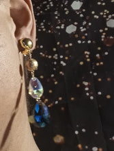 Load image into Gallery viewer, Handmade Gold Metal and Crystal dangle Clip On Earrings
