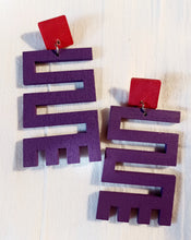 Load image into Gallery viewer, Handmade Wood Adinkra Symbol Earrings, Purple and Red
