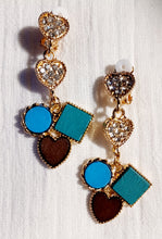Load image into Gallery viewer, Handmade wood and rhinestone Heart dangle Clip On Earrings
