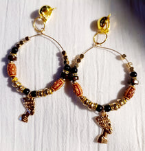 Load image into Gallery viewer, Wood bead hoop Queen Nefertiti Statement Clip On Earrings
