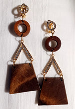 Load image into Gallery viewer, Handmade Natural Wood and Rhinestone Clip On Dangle Earrings brown  and gold
