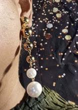 Load image into Gallery viewer, Handmade unique gold Ball and faux pearl Dangle Clip On Earrings
