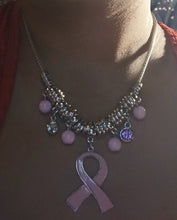Load image into Gallery viewer, Clip On Blingy pink ribbon Breast Cancer Awareness Necklace Set New
