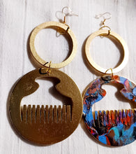 Load image into Gallery viewer, Handmade handpainted large wooden  Afro Pick Clip On Dangle Earrings
