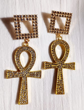 Load image into Gallery viewer, Handmade Rhinestone Ankh Dangle Earrings gold pierced ears

