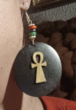 Load image into Gallery viewer, Handmade wooden Ankh Dangle Earrings gold pierced ears
