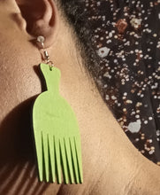 Load image into Gallery viewer, Classic Wood Afro Pick Earrings teal Color
