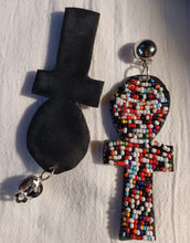 Load image into Gallery viewer, Handmade Beaded Leather Ankh Clip On Earrings, Large 3.5"
