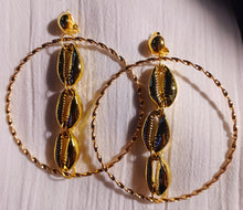 Load image into Gallery viewer, Handmade Extra large   Hoop and Cowrie Shell Clip On Earrings
