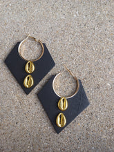 Load image into Gallery viewer, Large Wood and Metal and cowrie  Hoop Earrings Black
