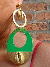 Load image into Gallery viewer, Handpainted Wood &amp; Cowrie Shell Clip On Earrings - Boho
