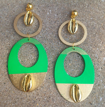 Load image into Gallery viewer, Handpainted Wood &amp; Cowrie Shell Clip On Earrings - Boho
