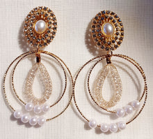 Load image into Gallery viewer, Handmade gold Metal faux pearl and rhinestone Multi Hoop Clip On Earrings
