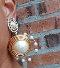 Load image into Gallery viewer, Handmade chunky gold Metal faux pearl and rhinestone Hoop Clip On Earrings.   #m521
