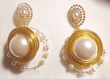 Load image into Gallery viewer, Handmade chunky gold Metal faux pearl and rhinestone Hoop Clip On Earrings.   #m521
