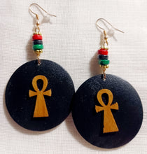 Load image into Gallery viewer, Handmade wooden Ankh Dangle Earrings gold pierced ears
