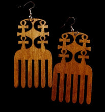 Load image into Gallery viewer, Ankh Afro Pick Abstract Wooden Earrings brown
