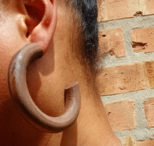 Load image into Gallery viewer, Handmade handpainted Extra Large Chunky Natural Wood Hoop Earrings dark brown rare
