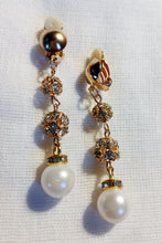 Load image into Gallery viewer, Small Faux Pearl and rhinestone Dangle Earrings Clip ons 2 inch
