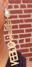 Load image into Gallery viewer, Handmade rhinestone and Gold Metal Queen Nameplate Earrings Clip on 4.5 inch
