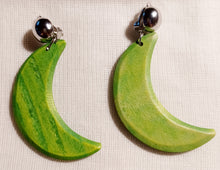 Load image into Gallery viewer, Handmade wooden boho Crescent Moon Clip On Earrings green
