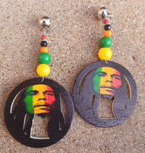 Load image into Gallery viewer, Handmade Natural Wood Bob Marley Clip On Dangle Earrings
