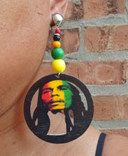 Load image into Gallery viewer, Handmade Natural Wood Bob Marley Clip On Dangle Earrings
