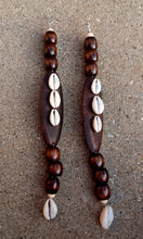 Load image into Gallery viewer, Handmade Cowrie Shell and wood Earrings 8 inch
