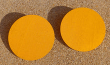 Load image into Gallery viewer, Handmade handpainted large wooden disc minimalist Earrings pierced ears 3 inch yellow gold color
