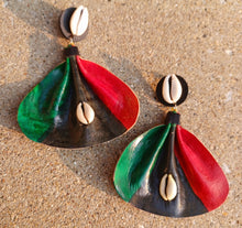 Load image into Gallery viewer, Handmade large red black and green Leather Fulani  Earrings pierced ears custom handmade
